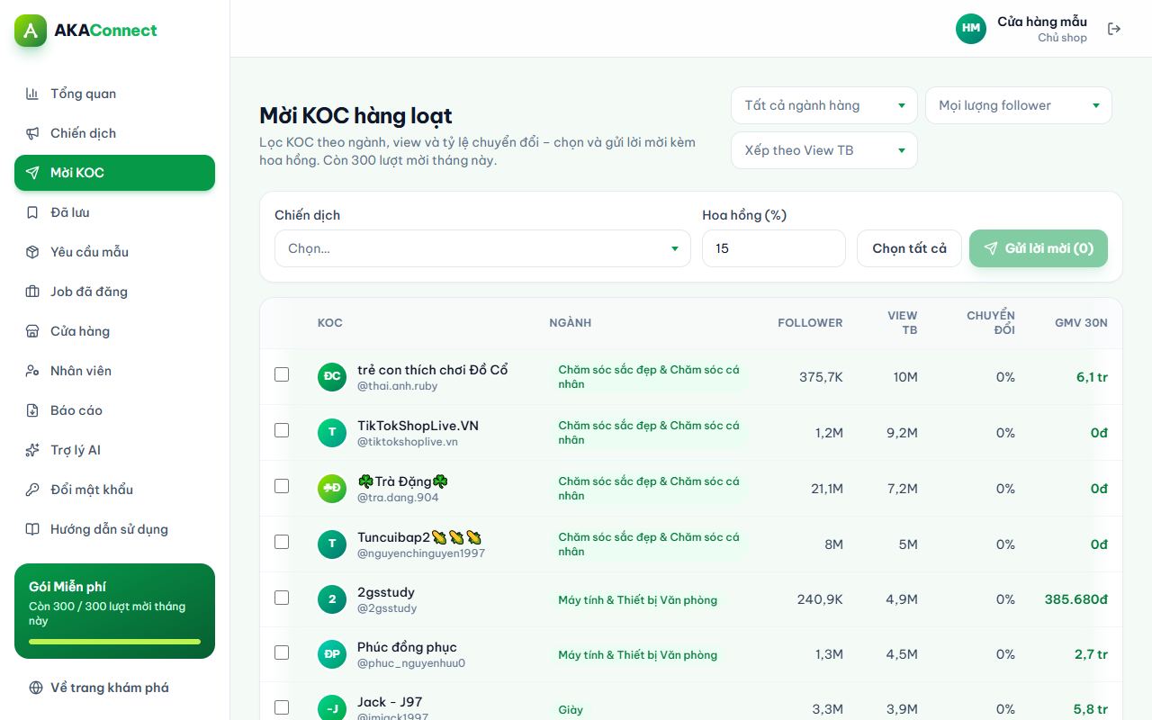 Mời KOC hàng loạt: chọn chiến dịch, lọc danh sách KOC, tích chọn.