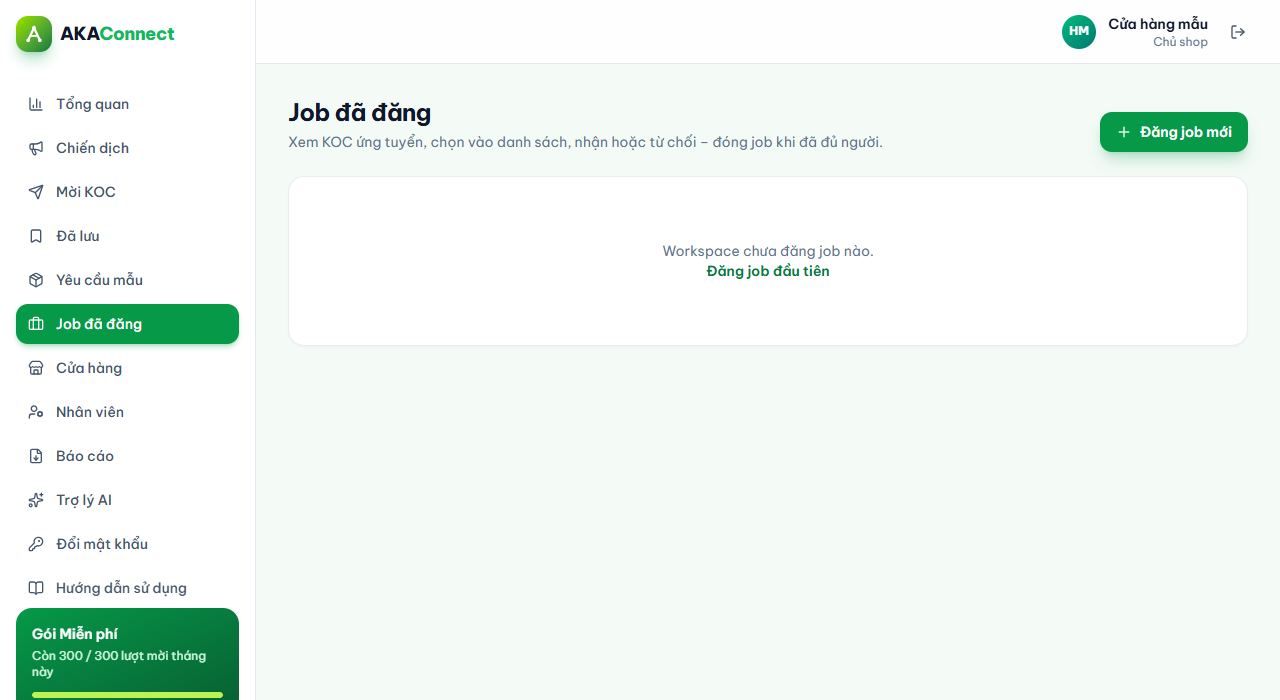 Job đã đăng: danh sách ứng viên của từng job với follower, view, tương tác, GMV.