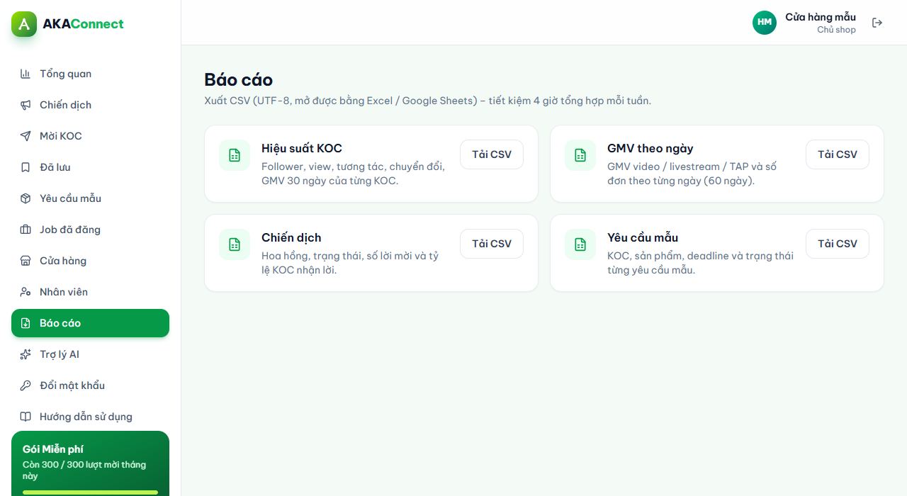 Báo cáo: chọn loại báo cáo và tải file CSV.
