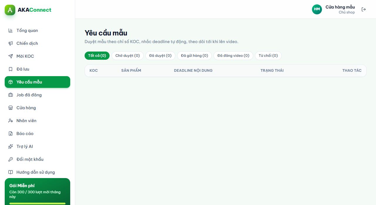 Yêu cầu mẫu: duyệt / từ chối, cập nhật trạng thái giao mẫu và video.