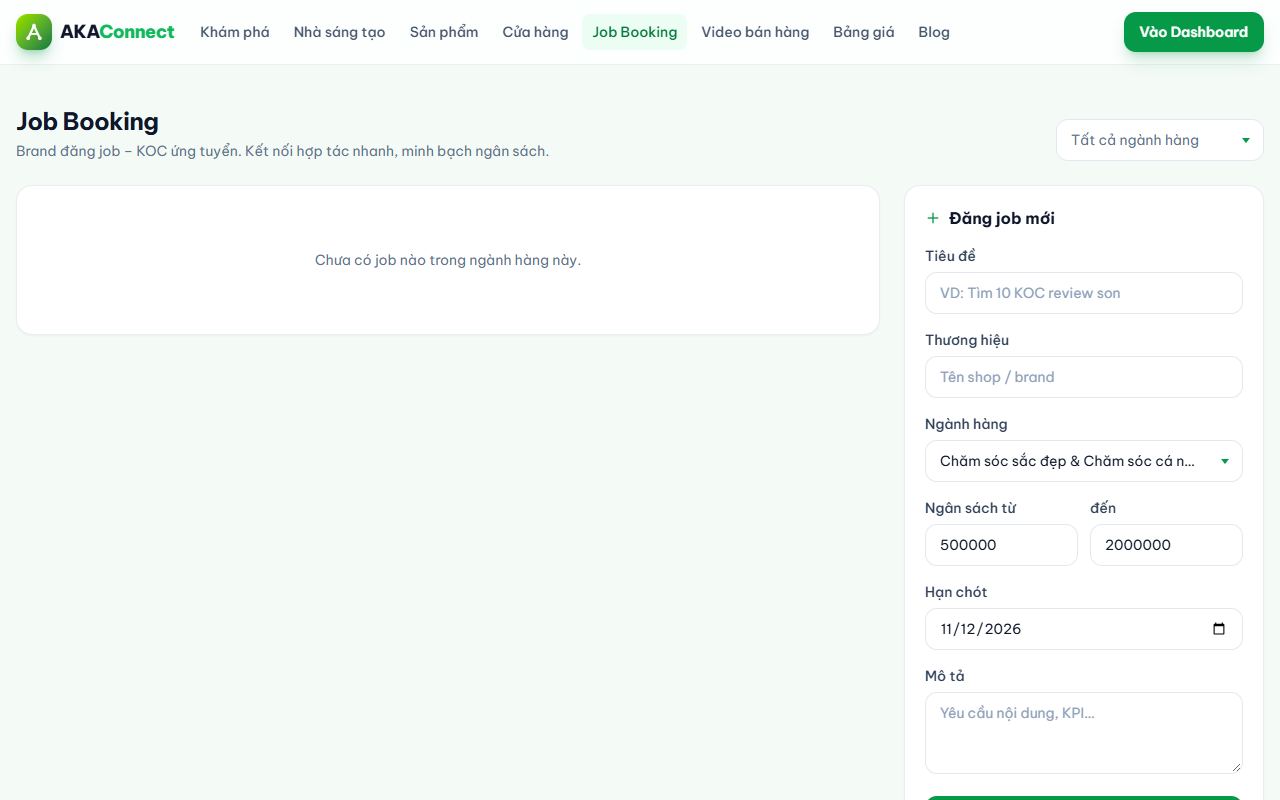 Job Booking – form Đăng job mới ở cột phải (tài khoản cửa hàng)
