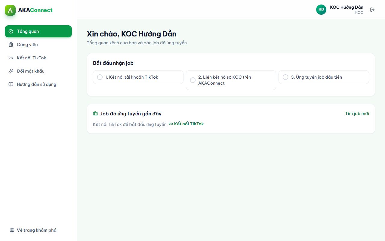 Tổng quan KOC: checklist Bắt đầu nhận job và các số liệu chính.
