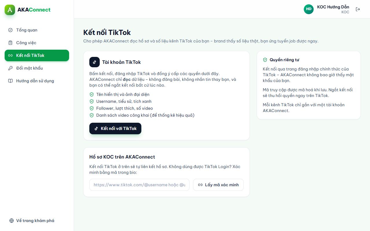 Kết nối TikTok và Hồ sơ KOC: liên kết kênh đã có trong dữ liệu hoặc tạo hồ sơ mới theo ngành hàng chính.